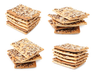 Stacks of delicious crackers with flax, sunflower and sesame seeds isolated on white, set