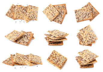Delicious crackers with flax, sunflower and sesame seeds isolated on white, set