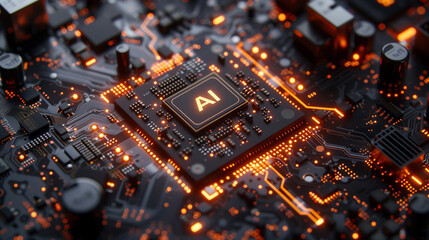 AI chip on the motherboard of an AI computer,  neon details, black background, AI text on the microchip