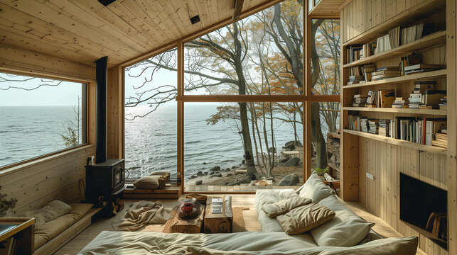Fototapeta A cabin by the lake, indoor view through the window, cabin with light-colored would, a comfy couch in the front, a fireplace, large window where we can see the ocean and trees, summer by the lake