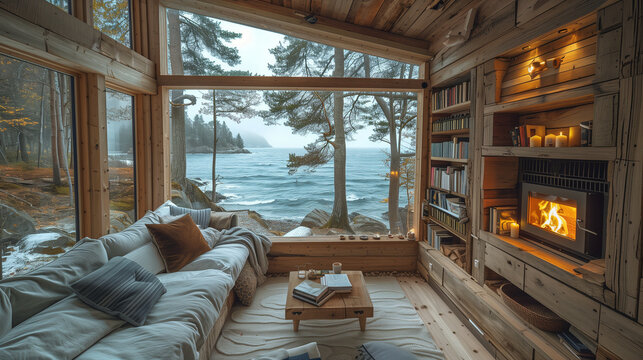 Fototapeta A cabin by the lake, indoor view through the window, cabin with light-colored would, a comfy couch in the front, a fireplace, and a large window where we can see the ocean and trees, small cottage