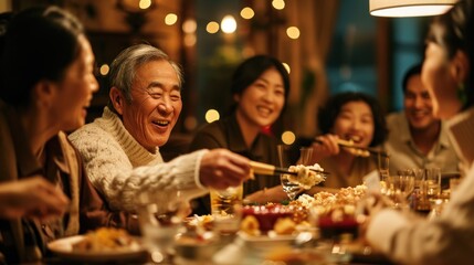 Traditional dinner meal during family gathering party to celebrate Chinese lunar new year.