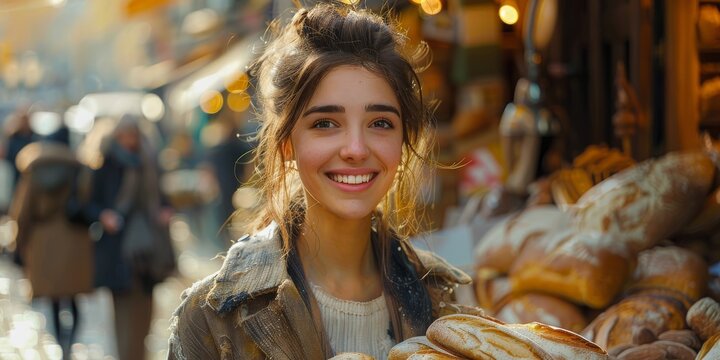 A vibrant woman with a contagious smile stands confidently in a bustling outdoor market, adorned in stylish clothing as she browses through a variety of delectable food items at a charming street sto