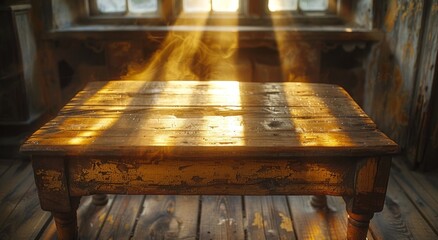 A wooden table, bathed in the warm sunlight streaming through the window, emanates an inviting aura with its polished varnish and wisps of smoke dancing around it, beckoning one to sit and enjoy the 