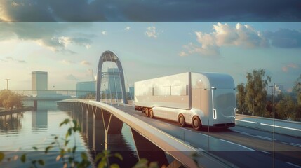 Semi-autonomous truck with trailer controlled by artificial intelligence Driving across a bridge over a river freight Transportation of the future