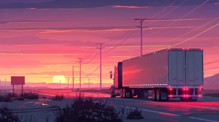 Rolgordijnen Cargo truck driving through the landscape at sunset, nature background © Keat