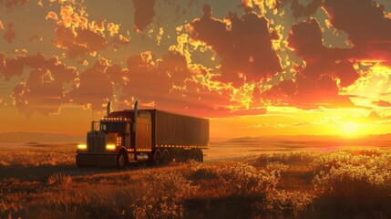 Fototapeta premium Cargo truck driving through the landscape at sunset, nature background