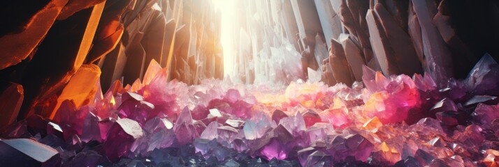 Close-up view of beautiful colorful natural crystal stone in a cave. - obrazy, fototapety, plakaty