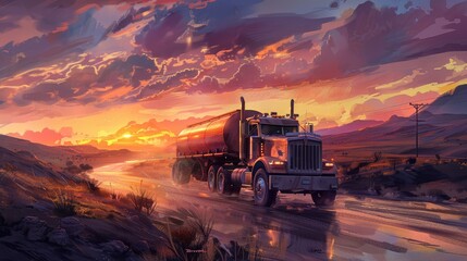Cargo truck driving through the landscape at sunset, nature background - obrazy, fototapety, plakaty