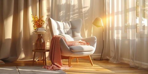 Sunlit cozy corner with a stylish armchair perfect for peaceful reading and relaxation - obrazy, fototapety, plakaty