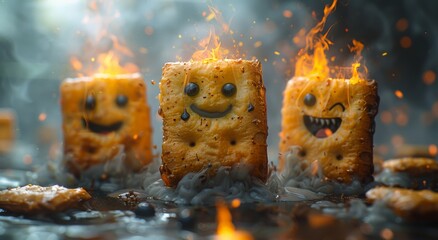 A fiery snack time turns into chaos as a group of crackers go up in flames, sending heat and fear through the air - obrazy, fototapety, plakaty