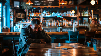 Man sitting alone in a bar looking distressed representing loneliness, contemplation, stress, and reflection. - obrazy, fototapety, plakaty