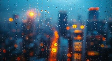A vivid and dreamy display of colors and light, as raindrops gracefully dance down a window in a...