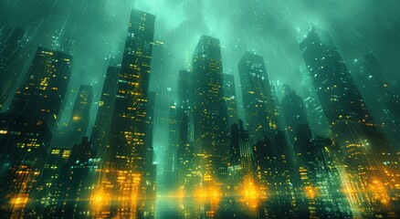 A metropolis stands tall and proud in the rain, its glittering skyscrapers and tower blocks casting a beautiful cityscape under the glowing lights of the bustling metropolitan area at night