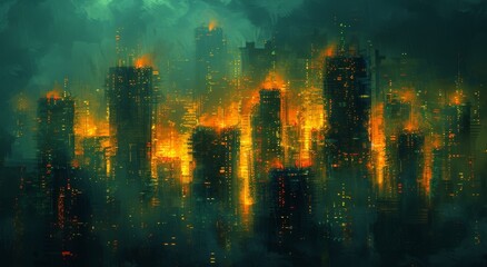 Amidst the light of flames, a city is consumed by smoke, a symbol of chaos and destruction - obrazy, fototapety, plakaty