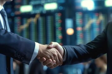 Close-up view of handshaking between two business man with city background.