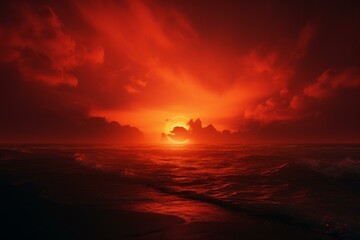Red dawn sea. Dusk coast horizon. Generate Ai