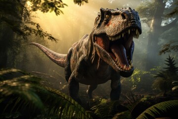 Dinosaur stands in prehistoric environment. Photorealistic.