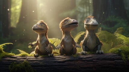Cute baby dinosaur in prehistoric forest. Photorealistic.