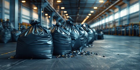 Black garbage bags arranged neatly in an industrial setting for efficient disposal - obrazy, fototapety, plakaty