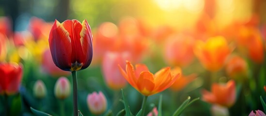 Fototapeta premium Vibrant Tulip Garden with Fresh Blooming Tulips in Various Colors
