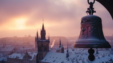 Bell closeup view with beautiful historical buildings at sunrise in winter in Prague city in Czech Republic in Europe. - obrazy, fototapety, plakaty