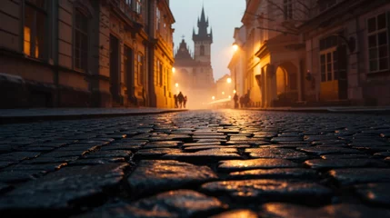 Schilderijen op glas Low angle view of street with historical buildings in Prague city in Czech Republic in Europe. © Joyce