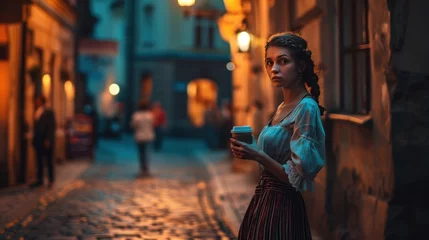 Schilderijen op glas Beautiful lady with a coffee cup in night street with historic buildings in the city of Prague, Czech Republic in Europe. © Joyce
