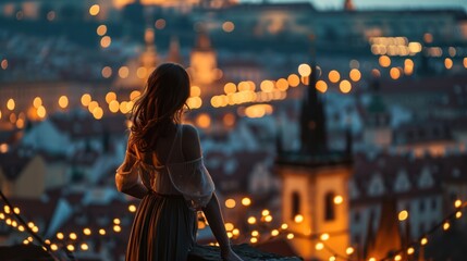 A graceful lady standing with a view of historic buildings in the city of Prague, Czech Republic in Europe. - obrazy, fototapety, plakaty