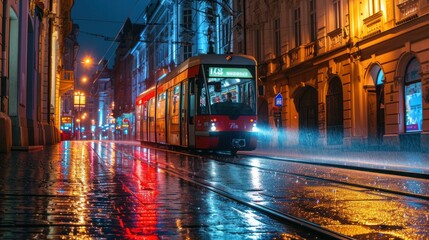 A tram at night in the street of Prague. Czech Republic in Europe. - obrazy, fototapety, plakaty