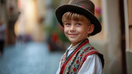 Gordijnen A little boy in traditional Czech clothing in street with historic buildings in the city of Prague, Czech Republic in Europe. © Joyce