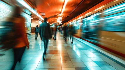 Fotobehang Motion blurred view of subway station with passengers in the city of Prague, Czech Republic in Europe. © Joyce