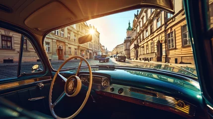 Poster Street view from a vintage car with Historic buildings in the city of Prague, Czech Republic in Europe. © Joyce