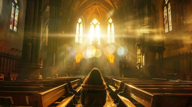 a woman who was praying in church alone so that her wish would quickly come true. seamless looping time-lapse virtual 4k video Animation Background.