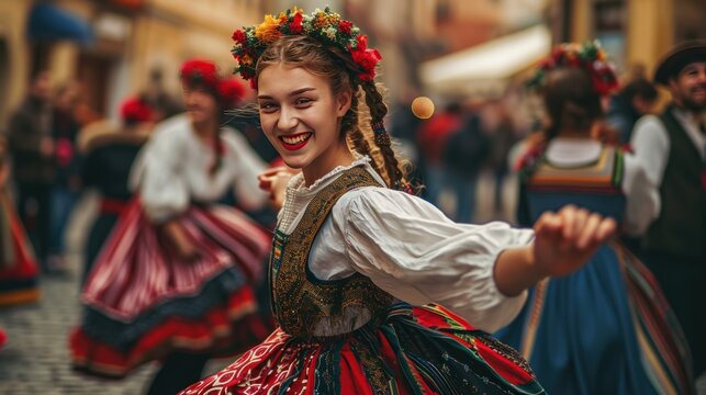 A beautiful girl in traditional Czech clothing in street with historic buildings in the city of Prague, Czech Republic in Europe.