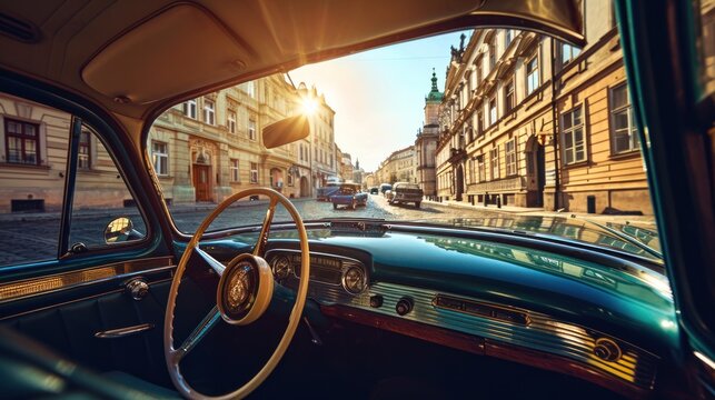 Fototapeta Street view from a vintage car with Historic buildings in the city of Prague, Czech Republic in Europe.