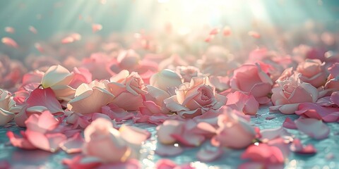 Soft pink and white rose petals scattered in a tranquil display of floral romance and tenderness - obrazy, fototapety, plakaty