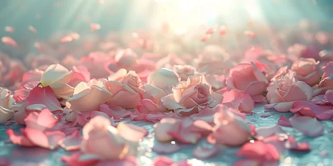Fotobehang Soft pink and white rose petals scattered in a tranquil display of floral romance and tenderness © maniacvector