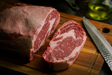 chunk of ribeye steak on wooden board