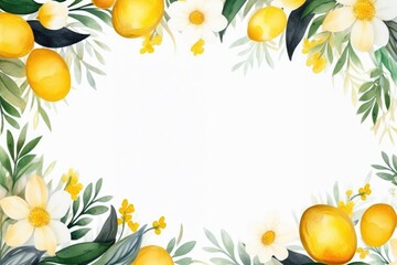 Watercolor  holiday frame made of yellow easter eggs with spring flowers on white background. Happy Easter. Border for design greeting card, flyer, poster, banner, party invitation with copy space