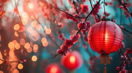 Beautiful red lanterns with plum blossom in street to celebrate Chinese lunar new year.