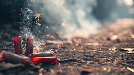 Close-up view of burning firecrackers in old town street with Chinese lunar new year decoration. - obrazy, fototapety, plakaty