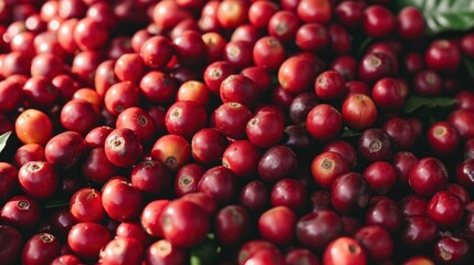 Fresh coffee berries are harvested from plantation farm.