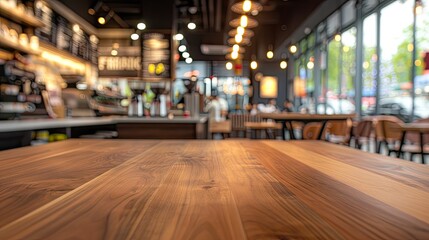 Fototapeta na wymiar Empty beautiful wood table top counter and blur bokeh modern interior background in clean and bright,Banner, Ready for product montage - generative ai