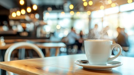 Fototapeta premium Close-up view of a cup of coffee on table in a coffee shop.