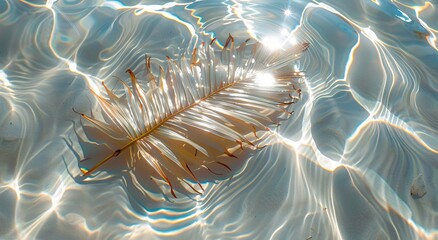 A peaceful leaf drifts through the underwater world, basking in the warm glow of the sun and accompanied by curious aquatic creatures - obrazy, fototapety, plakaty