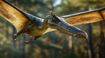 Naklejka premium Flying dinosaur, Pterodactyl, flying high in sky in prehistoric environment. Photorealistic.