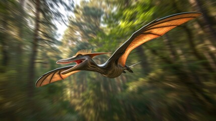 Naklejka premium Flying dinosaur, Pterodactyl, flying fast in prehistoric forest. Photorealistic.