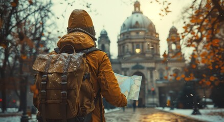 A solitary figure, bundled against the chill of winter, gazes up at a towering statue amidst the bustling city streets, map in hand and backpack at their feet - Powered by Adobe