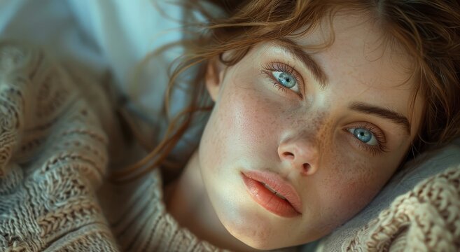 A captivating portrait of a girl with freckled skin and piercing blue eyes, her eyelashes and eyebrows framing her delicate features, drawing you in to admire the beauty of her human face